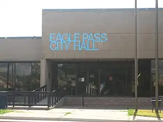 Eagle Pass City Hall at the foot of International Bridge