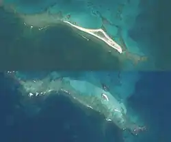 Satellite images of East Island in the French Frigate Shoals. The top image, from May 2018, shows the island as an elongated sandbar with visible vegetation. The bottom image, from October 2018 after Hurricane Walaka, shows the island almost completely submerged, with only small sand remnants and reef structures visible underwater.