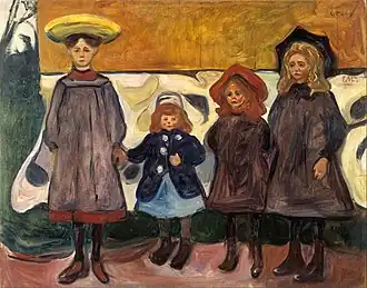Four Girls in Åsgårdstrand, 1903, .mw-parser-output .frac{white-space:nowrap}.mw-parser-output .frac .num,.mw-parser-output .frac .den{font-size:80%;line-height:0;vertical-align:super}.mw-parser-output .frac .den{vertical-align:sub}.mw-parser-output .sr-only{border:0;clip:rect(0,0,0,0);clip-path:polygon(0px 0px,0px 0px,0px 0px);height:1px;margin:-1px;overflow:hidden;padding:0;position:absolute;width:1px}87 cm × 111 cm (34+1⁄4 in × 43+3⁄4 in), Munch Museum, Oslo