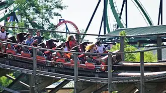 Train B maneuvering through the final camelbacks to the brake run