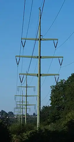 Suspension towers of a 110 kV power line in Germany