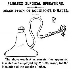 Diagram of a flask connected to a tube with a mouthpiece, labelled "Painless surgical operations: Description of Robinson's inhaler".