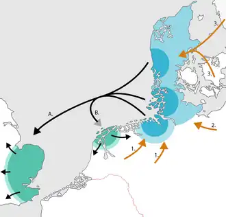   Position of North Sea Germanic dialects during the 5th and 6th century.   Migration of North Germanic speakers (including the Saxon elite) to England (A.) and Frisia (B.)   Migration of Weser Rhine Germanic speakers (1.), migration of West Slavic speakers (2.), migration of North Germanic speakers (3.).