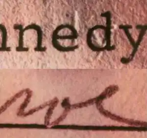 Two images: the top shows the name "Kennedy" with a correction made by 'lift-off' type. In the bottom one, a Monroe signature shows that the pen had lifted a tiny part of the typed line below a letter