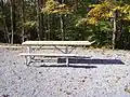 A campground picnic table made accessible to wheelchairs and walkers with its extended top.