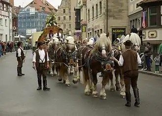 Six Rhenish German Coldbloods drawing a beer wagon