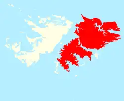 Location of East Falkland (red) in the Falkland Islands (red & white)