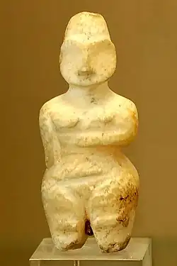 Female figurine found in the Tell es Sawwan (middle Tigris, near Samarra), level 1; circa 6000 BC; alabaster; Louvre