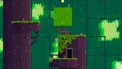 A dark forest level with light peeking through the background foliage. Gomez climbs greenery on the side of a central tree-like tower. A tree to the left extends off both the top and bottom of the screen. The platforms are lined with grass.