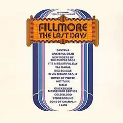 A theater marquee that says "Fillmore: The Last Days", with a list of bands beneath it