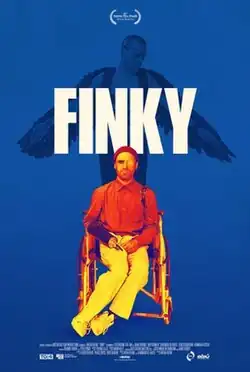 Poster for the film Finky featuring a man sitting in a wheelchair, dressed in red and orange tones, wearing a beanie and an eyepatch. Behind him, a dark blue silhouette of another man with outstretched wings is set against a solid blue background. The title is prominently displayed in large white letters across the center.