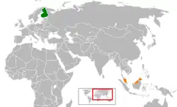 Map indicating locations of Finland and Malaysia