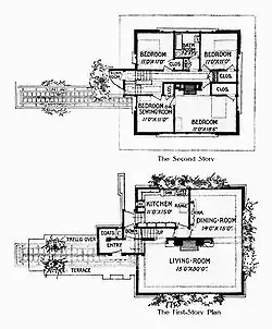 Black ink floor plans from the original article. Rooms are arranged as described in main text with main entrance and pergola at left.