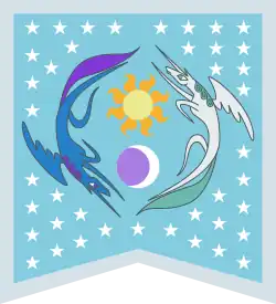 A light blue flag depicting two winged unicorns, one dark blue and the other white, flying around the sun and moon. A field of stars surrounds them.