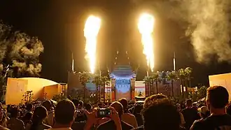Two flamethrowers periodically create 150-foot tall jets of fire.