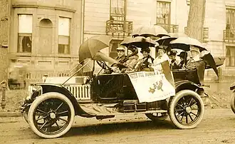 Florence Brooks Whitehouse driving with suffragists in Portland, Maine in 1914