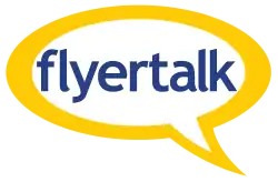 LEFT SPEECH BUBBLE (U+1F5E8) with a thick yellow border and lowercase sans-serif dark-blue "flyertalk" text in it.