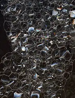 Foam of soap bubbles: four edges meet at each vertex, at angles close to 109.5°, as in two C-H bonds in methane.