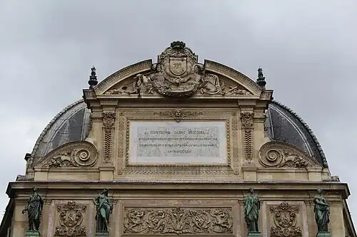 Baroque Revival pediment of the Fontaine Saint-Michel, Paris, by Gabriel Davioud, 1858[24]