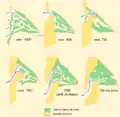 Formation of the Bassin d'Arcachon at 4000 BC, 400 BC, 700 AD, 1300 AD, 1708 AD and today. Green areas are mud and sand bars. Beige areas are sand dunes.