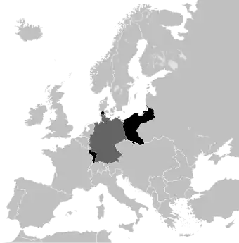Eupen-Malmedy area and other German territories lost in both World Wars are shown in black, present-day Germany is marked dark grey on this 1914 map.