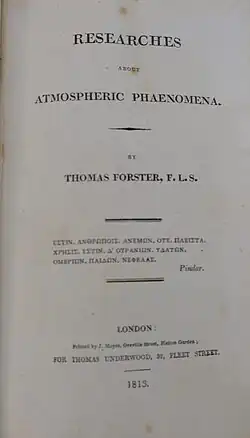 Title page of a 1813 copy of Forster's "Researches about atmospheric phaenomena"