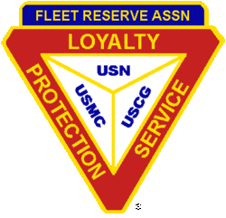 Triangle on point with text "Fleet Reserve Association" along the top line, below Loyalty, Protection and Service Flank the right and left side of the triangle. the abbreviation USN, USCG and USMC inside the Triangle.