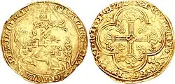 The so-called franc-à-cheval was a gold coin valued one livre tournois minted from 1360. The obverse shows the French king in the style of an equestrian seal. This coin is the origin of the name franc for the French currency.