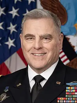 A portrait photograph of Mark Milley, a middle-aged man in a military service dress uniform decorated with various badges and ribbons.