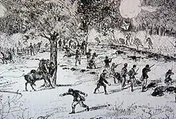 Pen and ink sketch of a sparse line of soldiers firing rifles at a larger force of soldiers charging at them. One of the oncoming soldiers carries the Confederate battle flag
