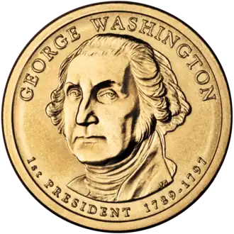 Coin with a portrait of Washington, reading "George Washington 1st President 1789-1797