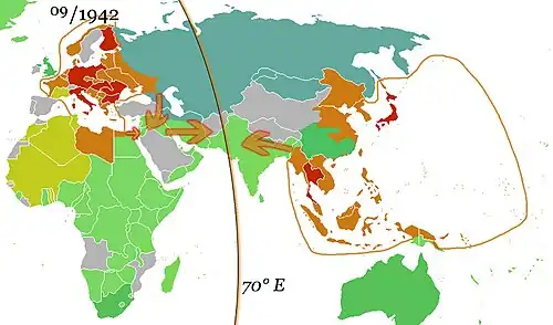 German and Japanese direct spheres of influence at their greatest extents in Autumn 1942. Arrows show planned movements to an agreed demarcation line at 70° E, which was, however, never approximated.