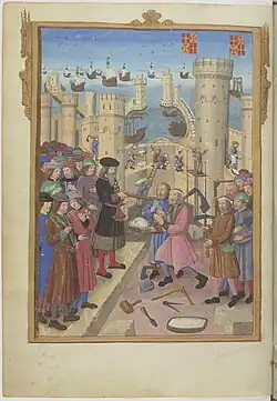 Detail of masons' work and still life of tools, Pierre d'Aubusson visiting the fortification works at Rhodes, f.9v.