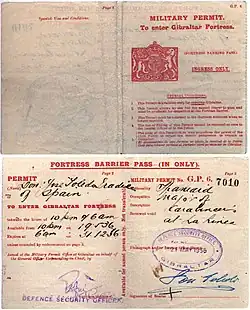 Image 24Special passes were required to enter Gibraltar proper at night, while the Spanish civil war was raging 1936. (from History of Gibraltar)