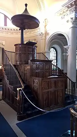 Centrally-placed three-decker pulpit at Gibside Chapel, a private chapel on the Calvinist edge of Anglicanism