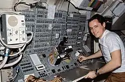 Gibson at the controls of the Apollo Telescope Mount
