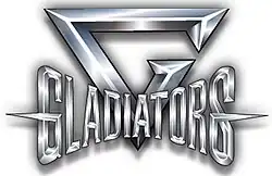 Image containing the word 'GLADIATORS' in all upper-case letters stylised in a cinemascope-type format, which is partly overlaying a capital letter 'G' stylised in an inverse triangle.