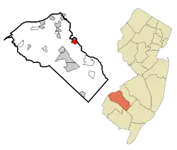 Map of Turnersville highlighted within Gloucester County. Right: Location of Gloucester County in New Jersey.