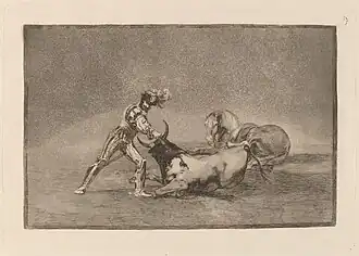 Νο. 9: Un caballero español mata un toro después de haber perdido el caballo ("A Spanish knight kills a bull after his horse is wounded")