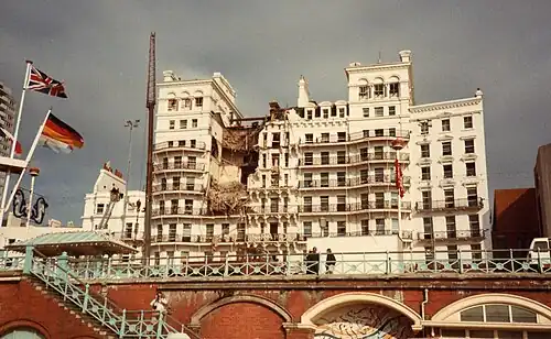 Brighton Grand Hotel after the bomb attack to attempt to assassinate British Prime Minister Margaret Thatcher, 12 October 1984