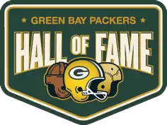 A logo that says Green Bay Packers Hall of Fame. Three different types of helmets are shown, each one from a different era.
