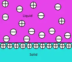 A diagram of a solid containing a line of positive charge bordering a liquid containing both negative and positive charges