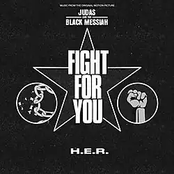 Single cover for "Fight for You". In the middle, the name of the single is in front of a star. To its left, a chain is being broken and to the right a fist is being raised. Above and below the star, respectively, the name of the film and the name of the singer are written.