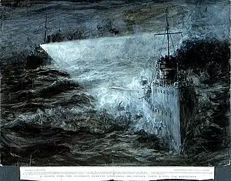 A clever feat: the destroyer HMS Derwent torpedoing the cruiser HMS Aeolus during the manoeuvres 27 August 1904