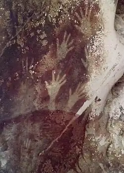 Image 24Pettakere Cave "Hand print paintings". The oldest known cave paintings are more than 44,000 years old. Maros, South Sulawesi, Indonesia (from Culture of Indonesia)