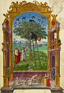 Other Parable: man ascends ladder propped against a gold tree, around whose root a crown is entwined.