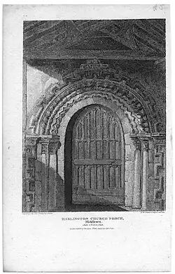 Harlington church's porch, engraved by John Pye, drawn by L. Francia, for the Beauties of England and Wales, 1812.