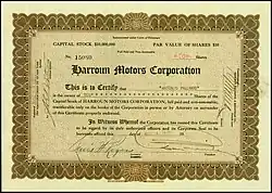Stock certificate of Harroun Motors