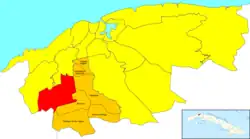 Location of Wajay (red) within Boyeros (orange) and Havana