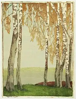 Birches, color woodcut